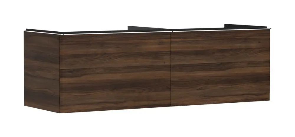 Waschtischunterschrank aus Nussbaum-Dekor mit zwei Schubkästen. Für Konsolen-Aufsatzwaschtische geeignet. Marke: Hansgrohe.